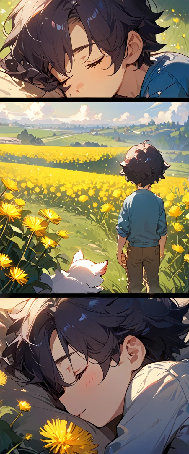 masterpiece, best quality, 8k, 4k, 1boy, ???, sleeping, dark blue hair with red stripes, closed eyes, blue long sleeve shirt, short pale brown pants with pocket, a small white furry puppy sleeping next to the boy, cute round siberian white puppy, dandelions fields, dandelions, wind blowing, sleeping on the fields, finely detailed eyes and detailed face, focus background, inspired by Asukaziye artist : ask, art style : ask