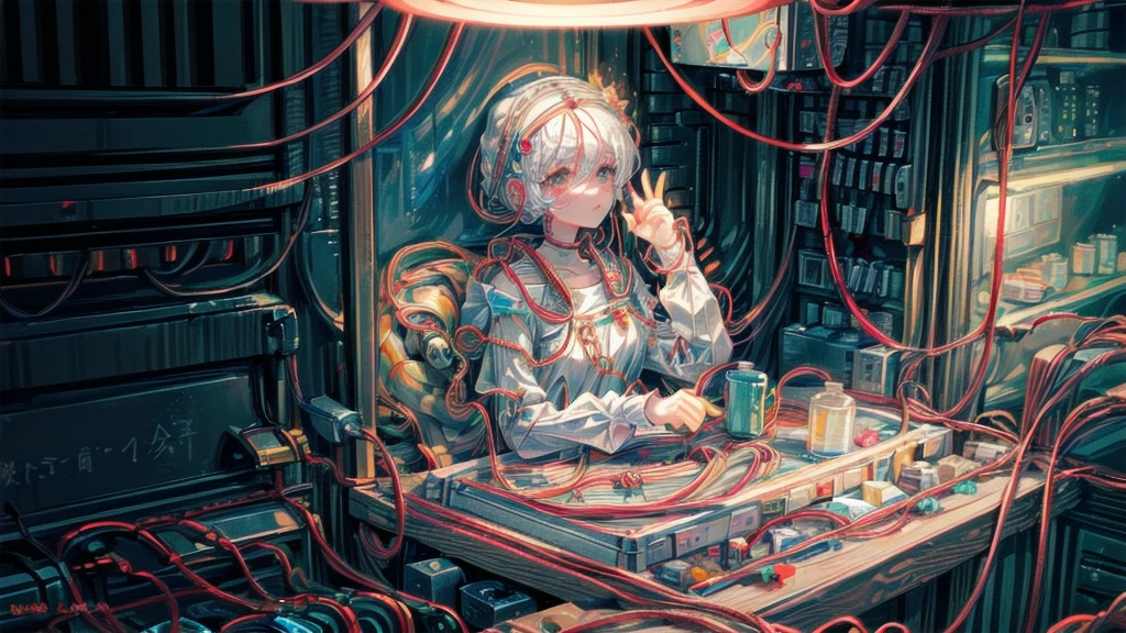 (((masterpiece))), (((Highest quality))), ((Very detailed)), (Highly detailed CG illustrations), ((Very delicate and beautiful)),(Cute and delicate face),Light,((1. Machine Girl)),alone,whole body,(Machine made joints:1.4),((Mechanical Limbs)),(Muscle swelling),(The container is connected to a tube),(Brain in a container:1.3),((Mechanical vertebrae attached to the back)),((Mechanical cervical vertebrae attached to the neck)),((Sitting)),poker face,(Wires and cables attached to head and body:1.5),Small breasts,short hair,(Character Focus),SF,Lying down,Shortcuts,センター分けのShortcuts,A devastated society,alone,Black-haired