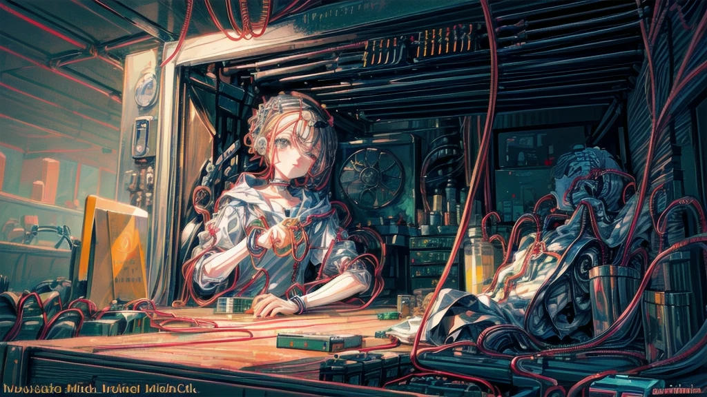 (((masterpiece))), (((Highest quality))), ((Very detailed)), (Highly detailed CG illustrations), ((Very delicate and beautiful)),(Cute and delicate face),Light,((1. Machine Girl)),alone,whole body,(Machine made joints:1.4),((Mechanical Limbs)),(Muscle swelling),(The container is connected to a tube),(Brain in a container:1.3),((Mechanical vertebrae attached to the back)),((Mechanical cervical vertebrae attached to the neck)),((Sitting)),poker face,(Wires and cables attached to head and body:1.5),Small breasts,short hair,(Character Focus),SF,Lying down,Shortcuts,センター分けのShortcuts,A devastated society,alone,Black-haired