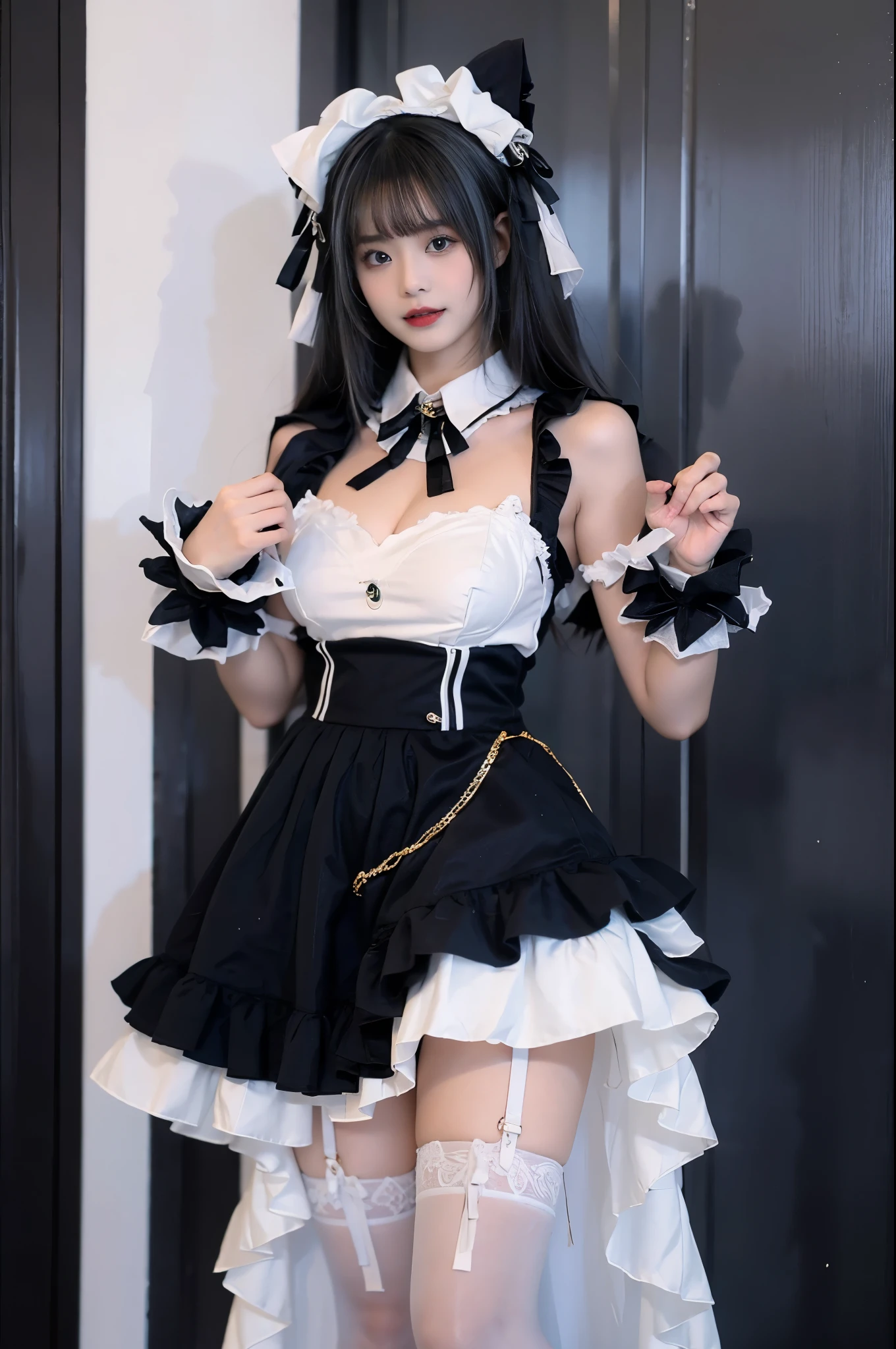 cheshire cosplay costume, cosplay,ribbon,animal ears,high heels,garter straps,wrist cuffs, Beauty, beautiful女人,Have a perfect body:1.4,Layered Hairstyle,((Large Breasts)), ((D cup)), Visible cleavage,Bare shoulders, Highly detailed face and skin texture,Double eyelids,Skin Whitening,Long hair,Whitening long legs,Standing by the sea, Fashion Girl, Red lips, Sweet Girl, beautiful妆容, detail, lifelike, Very detailed, Astonishing, beautiful, Young and energetic, high quality,HD, Colorful,Beautifully, Smooth skin, The skirt is very short, Lifting the skirt with hands, Elegant and charming gesture, Official Art, Extremely detailed, Movie atmosphere, Soft colors, Natural skin texture,