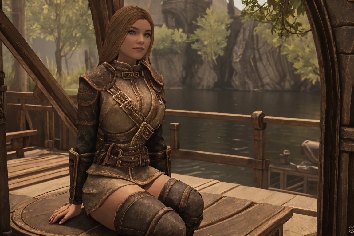 Elder Scrolls fantasy: A seductive female Breton maiden sits poised on the ship to Daggerfall, her crossed legs a subtle invitation. Soft sunlight bathes her porcelain skin as she wears a tantalizingly short skirt and knee-high leather boots, her smile beckoning the viewer's gaze. Her eyes sparkle with mischief, inviting all who lay eyes on her to join in the adventure.