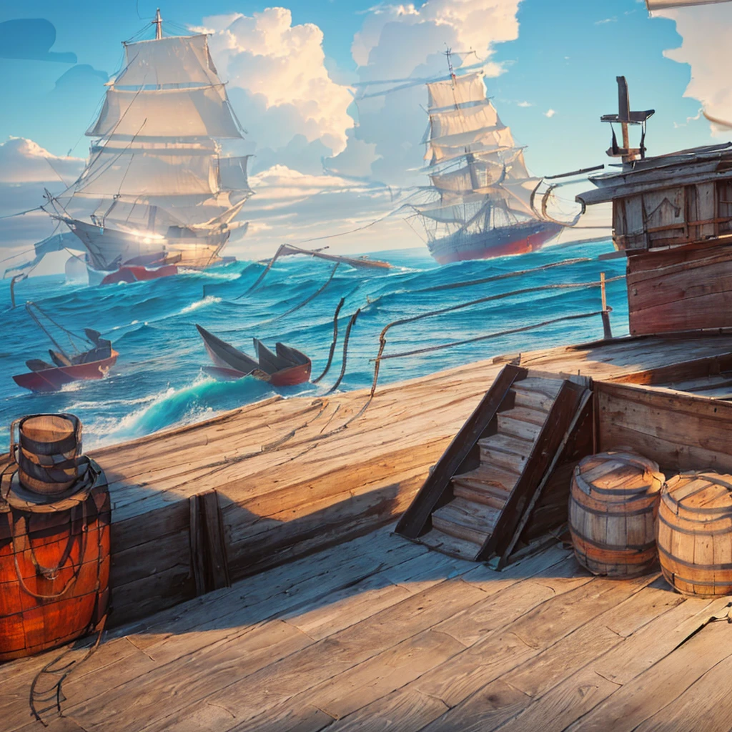 A ship floating on the sea，Barrels and scattered reins were neatly placed on the wooden deck.，In the distance, two ships are floating on the rough sea.，An island in the distance，There is also blue sky, white clouds and seagulls，Natural light，High-definition quality，High-quality posters，