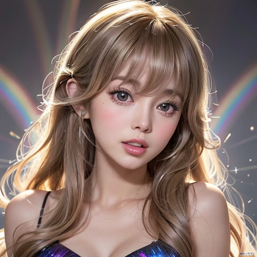 NSFW, 8k, High-level, absurd, masterpiece, best quality, primitive, very detailed CG, very detailed wallpaper, perfect lighting, Extremely detailed (((The personifying " Farrah Fawcett Majors " as a Little Girl))), MysticSight, Tyndall effect, Tyndall scattering, Studio gray background with (many Dazzling RainbowColor particles BokeH:1.28), (RoundlyButts, ThighGap), (Exposed:0.4), (Assfocus with looking ahead), BREAK (NOGIZAKA face variations) Extremely Detailed very KAWAII face variations, perfect anatomy, Childish, captivating gaze, elaborate detailed Eyes with (sparkling highlights:1.28), long eyelashes、Glossy RED Lips with beautiful details, Coquettish tongue, Rosy cheeks, Radiant PearlSkin with clear transparency . { (Dynamic LifeLike expressions:1.4) | :d) }, (large eyes:-1) .