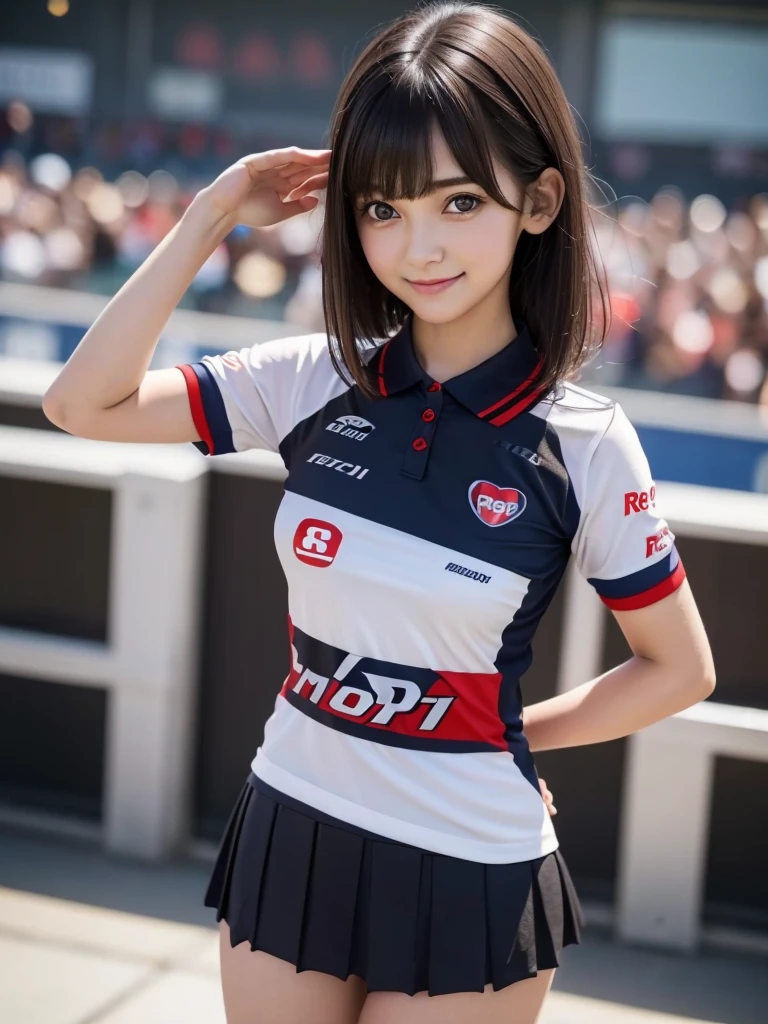 (8k, RAW Photos, Highest quality, masterpiece:1.2), (Realistic, photo-Realistic:1.4), (Highly detailed 8K wallpapers), ((Full Body Shot)), (1 girl), Sharp focus, Depth of written boundary, Cinematic lighting, Soft Light, 緻密な美しさのeye, eye_Chan, Very beautiful 17 year old girl, innocent big eyes, Realistic, photo Realistic, Highly detailed cute girl, (Thin thighs), (Model Body Type), 18-year-old, (((MotoGP Repsol Honda Team polo shirt))), ((Micro Mini Pleated Skirt)), (((Fold your arms in front of your chest and act arrogantly))), ((A happy smile)), Parted lips, Watching the audience, (At Donington Park Circuit) , (Brown Hair),(Long Bob Hair), (Asymmetrical bangs)