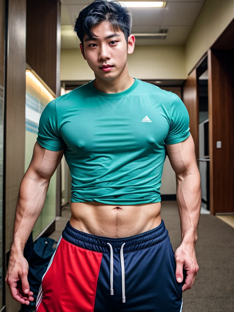 Realistic photography of a korean-thai cute boy, 20 ages , wearing shirt, at random,movement dynamic pose very cool,big pecs