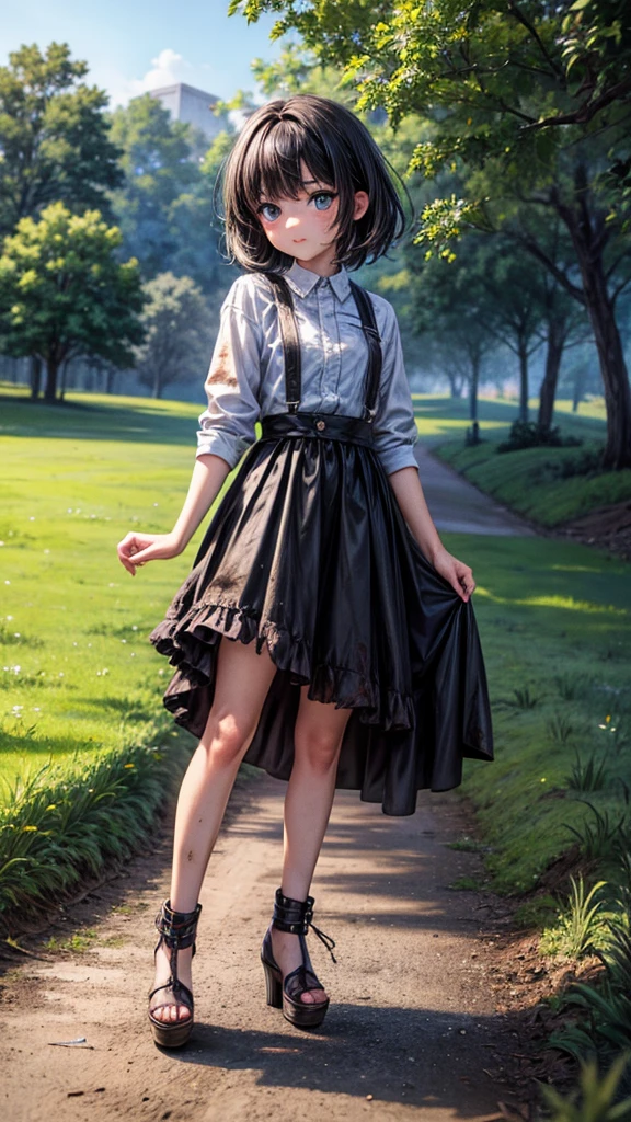 young country teen, tomboy, tall open-toed platform high heels, countryside, dirt road, short black hair, dirty, torn clothes