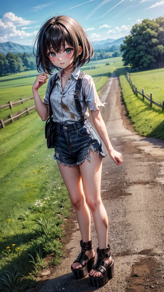young country , tomboy, tall open-toed platform high heels, countryside, dirt road, short black hair, dirty, torn clothes