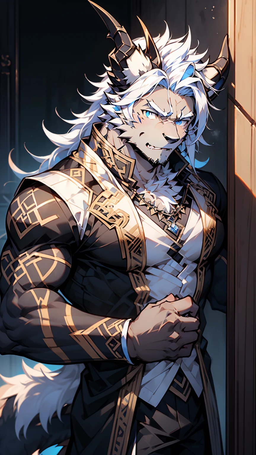 (masterpiece),Very detailed,(best quality),hairy,Wolf,male,Dragon Scale,black dragon horns,blue eyes,White hair,Black fur,尾巴hairy的,Blood in left eye,Hide in a corner,(Expression of fear),Be honest and trustworthy,Handsome,8K,(high quality)