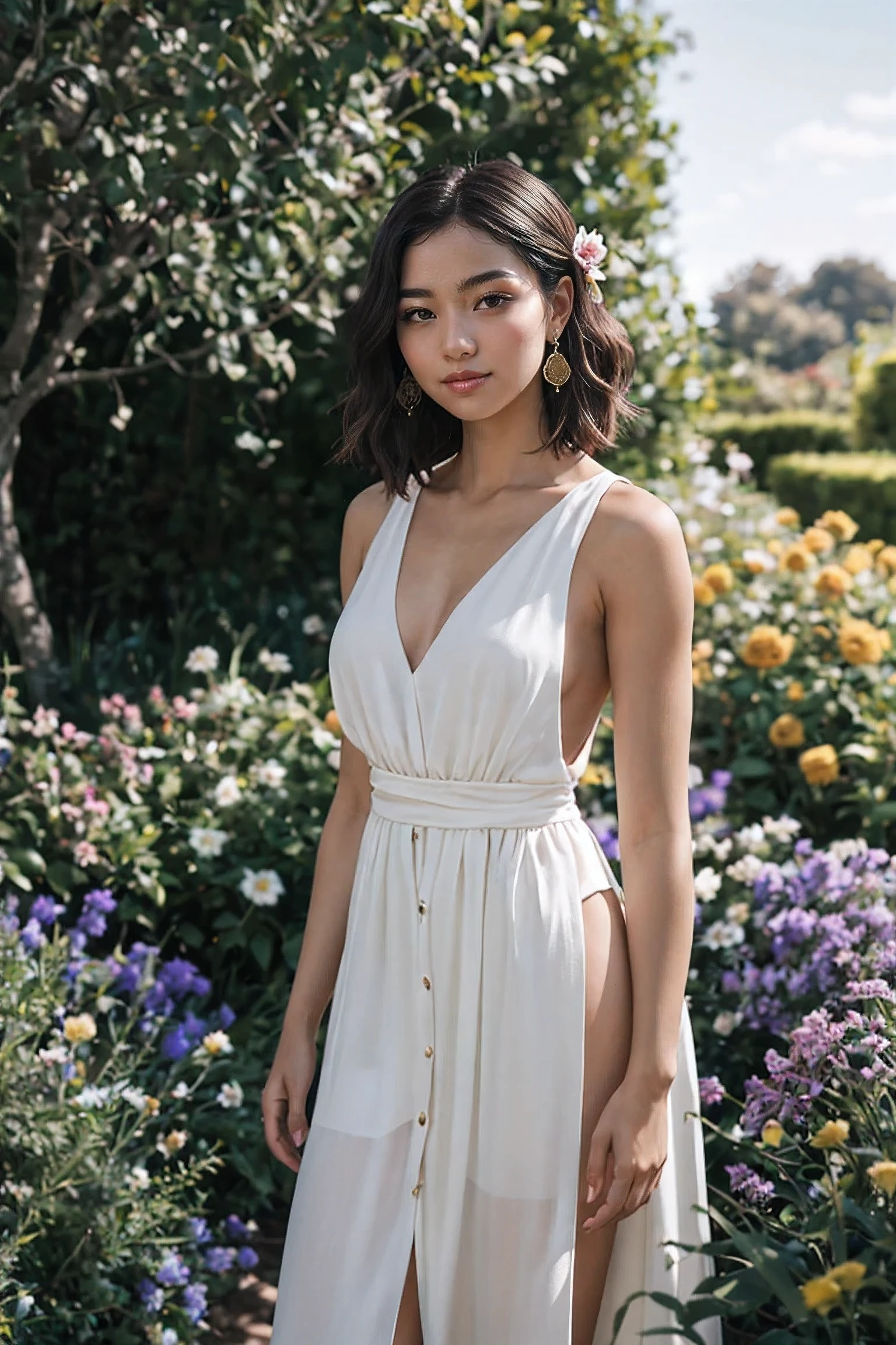 shot by Sony a7 IV Mirrorless Camera, natural light, analog film photo, Kodachrome ,A young woman with short, neatly styled hair stands amidst a lush black flower garden, her elegant attire contrasting with the dark petals that surround her. She exudes an aura of grace and sophistication, her poise and composure evident in her posture and the gentle smile that graces her lips.