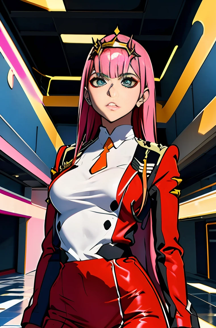 Zero-Two , Cabelo rosa longo liso e brilhante, tiara branca com dois pequenos chifres vermelhos, franja reta cobre a testa, olhos verdes, mascara makeup, maquiagem de sombra, uniforme militar vermelho com detalhes de metal dourado nos ombros, pequeno conto preto com detalhe de metal dourado na fivela dupla, gola branca com pequena gravata laranja, six black buttons, three on each side on the front of the uniform,   mangas longas vermelhas com detalhe em preto, red skirt over black skintight pants, inside a futuristic hall with white neon lighting, adolescentes ao fundo. 