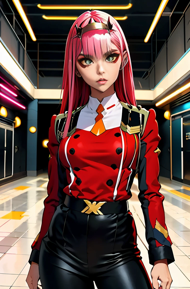 Zero-Two , Cabelo rosa longo liso e brilhante, tiara branca com dois pequenos chifres vermelhos, franja reta cobre a testa, olhos verdes, mascara makeup, maquiagem de sombra, uniforme militar vermelho com detalhes de metal dourado nos ombros, pequeno conto preto com detalhe de metal dourado na fivela dupla, gola branca com pequena gravata laranja, six black buttons, three on each side on the front of the uniform,   mangas longas vermelhas com detalhe em preto, red skirt over black skintight pants, inside a futuristic hall with white neon lighting, adolescentes ao fundo. 