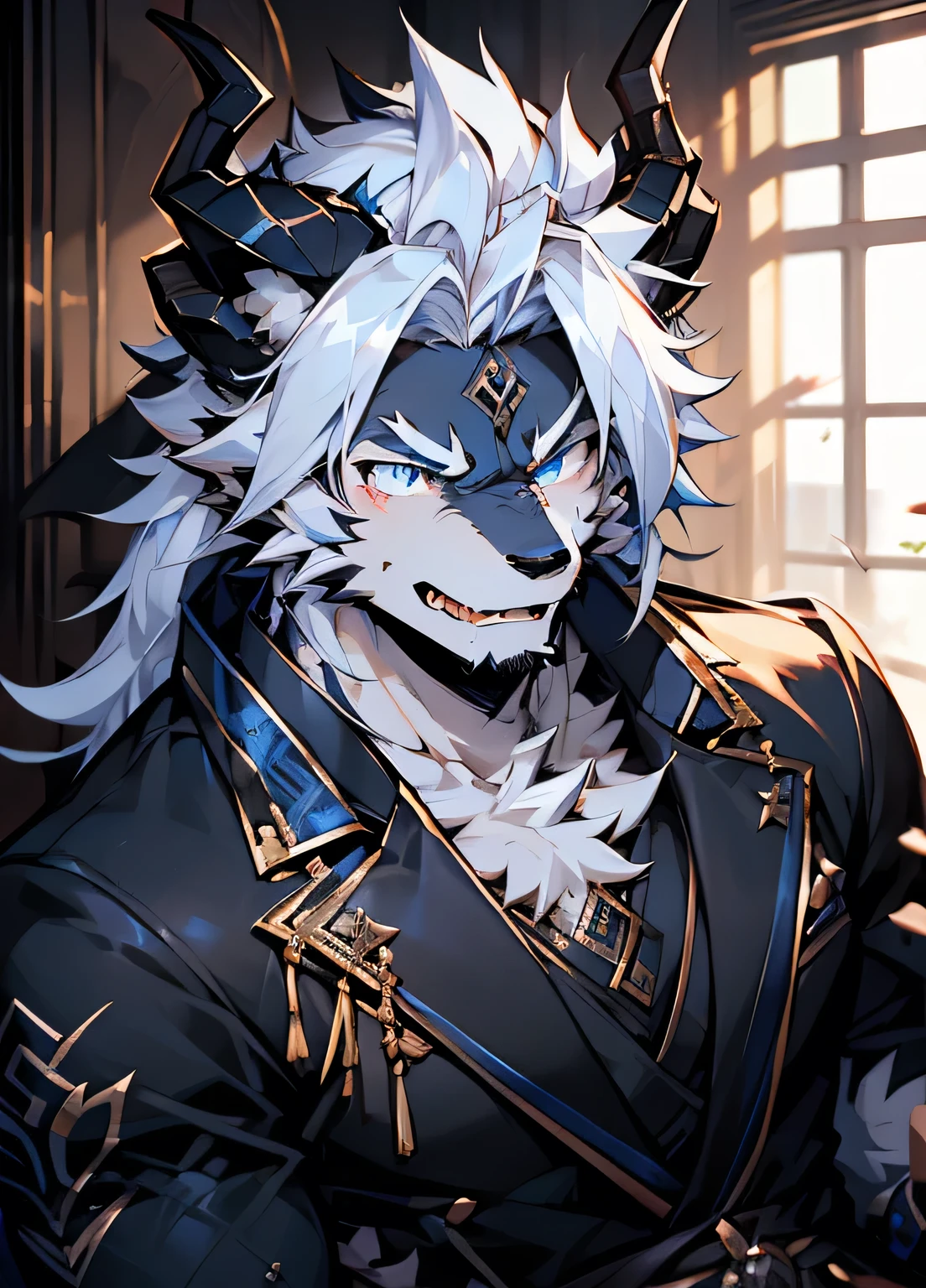 (masterpiece)，Very detailed，(best quality)，hairy，Wolf，male，Dragon Scale，black dragon horns，blue eyes，White hair，Black fur，Hairy tail，Blood in left eye，Hide in a corner，(Expression of fear)，Be honest and trustworthy，Handsome，8K，(high quality)