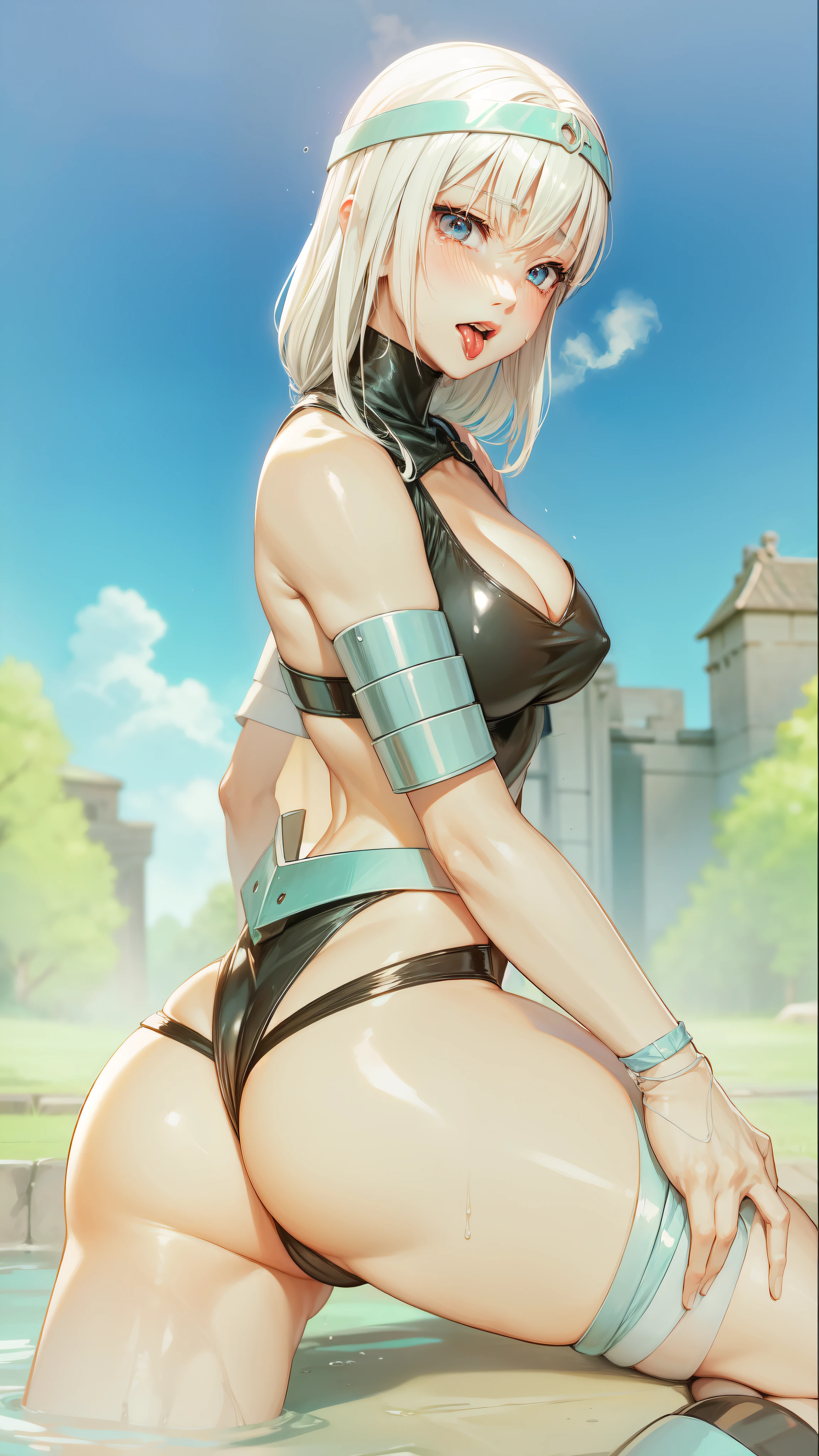 Japanese girl、Female Combatant、Close-up of a girl in a black leotard、Black glossy leotard、Black fishnet stockings、Black shiny boots、Green Circlet、Saiyan Girl, wonderful, Nano Girl, Female body type, Inspired by Hiromu Arakawa, Anime Manga Robot!! Anime Girls, Fubuki, Full Body Suit, by Hiromu Arakawa、wonderful, silk, Beautiful and attractive anime , Anime Girls of the future, tears,Drooling,Pee,Sweat,Tongue out,incontinence,Peeing、Estrus、Eyes wide open,Estrus,Blushing,Nipples are erect,Face is hot、Lust、incontinence、Armpit Hair、pubic hair、Nipples are erect、My crotch is wet、Doomsday Demon、Red lips、Red tongue、Sticking out tongue、 pop out!、Covered in sweat