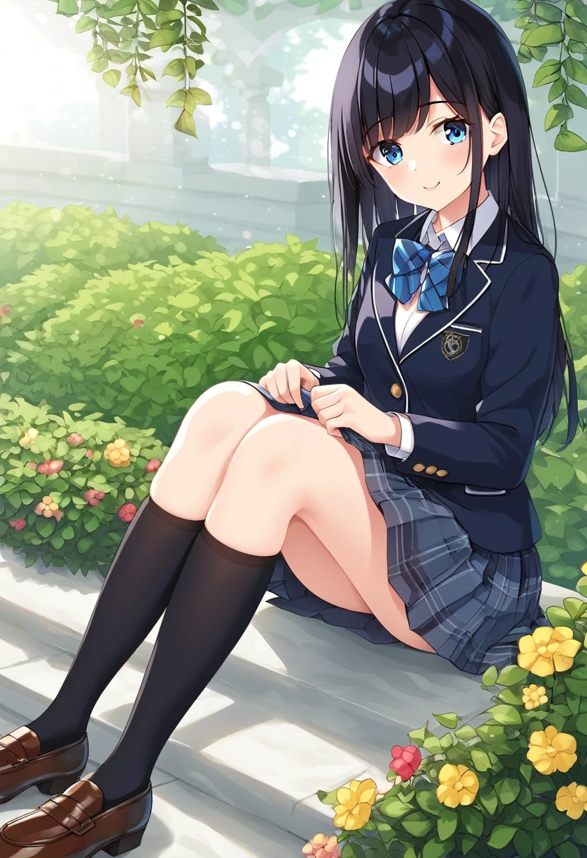 Masterpiece, best quality, ultra high quality, highres, wallpaper 8k, 1girl, solo, long hair, black hair, Bangs, blue eyes, school uniform, sitting, garden background,