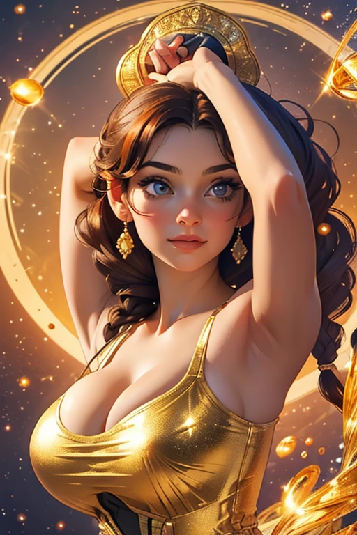 Superb masterpiece, upper body, (adult: 1.6) Hungarian woman, (giggle: 0.4), arms behind the head, golden braids, sparkling eyes, Victorian sun dress, floating light particles, centered, added facial detail, busty