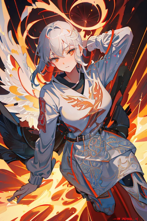 A Russian girl in her early 20s with ash grey hair, burning red costume, like a Phoenix, ((highest quality)),(Ultra-high resolution),(Very detailed),(Detailed Description),((The best CG)),(A masterpiece),Ultra-precise art,Amazing drawing art,(Art with precise detail:1.5), steel, Swordsman