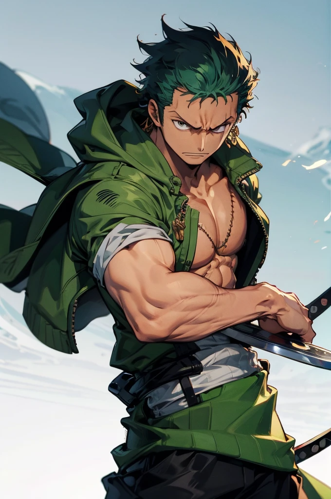 Please create a cool close-up illustration of an angry male character from ONE PIECE.Roronoa Zoro, Zoro from One Piece,cool、knife,Eye wounds、dramatic、aura、三knife流