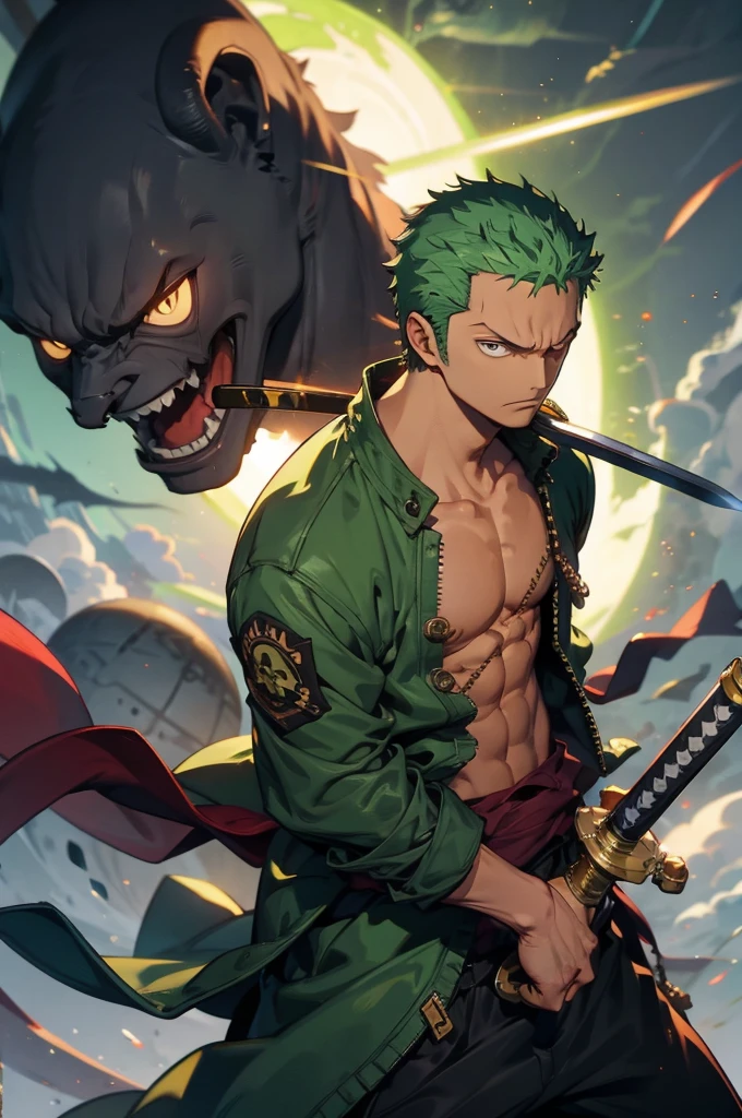 Please create a cool close-up illustration of an angry male character from ONE PIECE.Roronoa Zoro, Zoro from One Piece,cool、knife,Eye wounds、dramatic、aura、三knife流