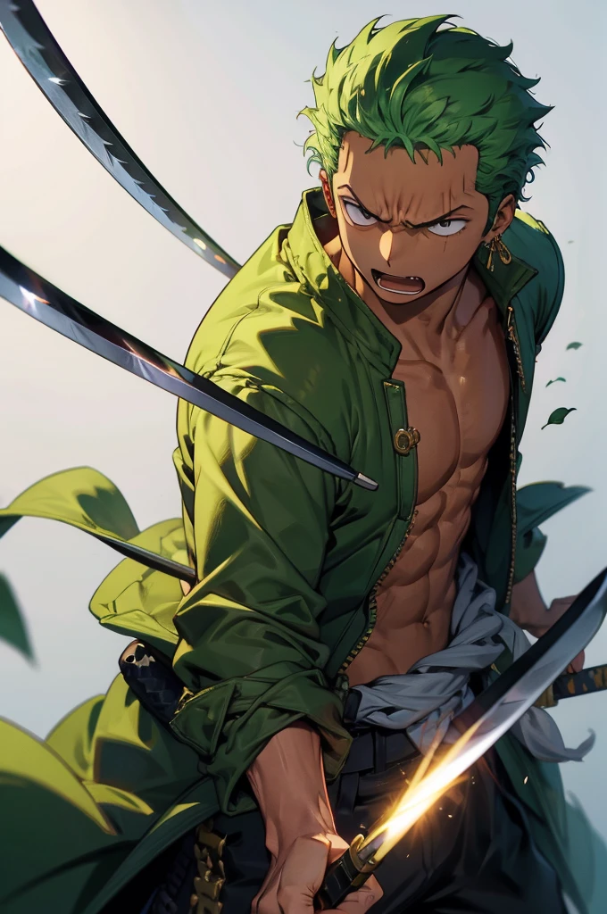 Please create a cool close-up illustration of an angry male character from ONE PIECE.Roronoa Zoro, Zoro from One Piece,cool、knife,Eye wounds、dramatic、aura、三knife流