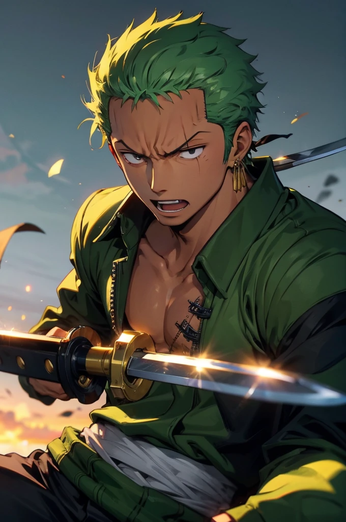 Please create a cool close-up illustration of an angry male character from ONE PIECE.Roronoa Zoro, Zoro from One Piece,cool、knife,Eye wounds、dramatic、aura、三knife流