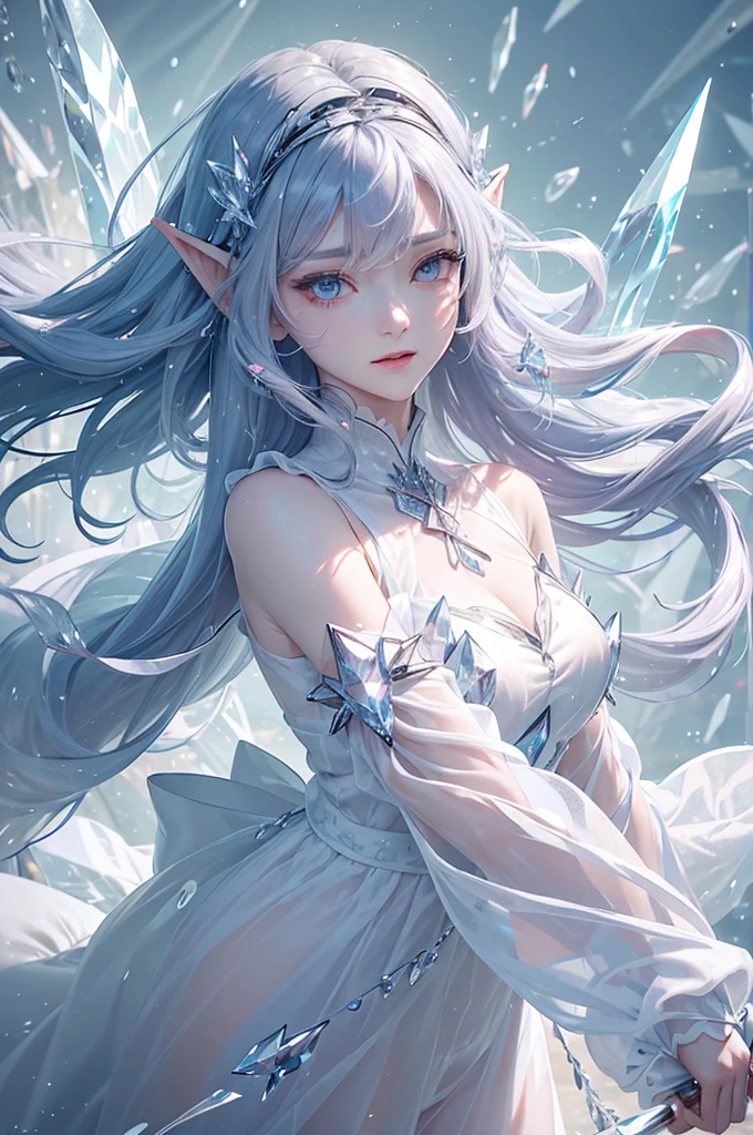 (masterpiece、Highest品質、Highest、Official Art、Beautiful and aesthetic、Long Exposure:1.2)、Smooth movement、Attractive patterns、One Girl、(Long dress with sleeves:1.3)、(((White clothes)))、Upper body close-up、Exposing shoulders、Korean Girls、smile、Light purple long hair、Portraiture、solo、Upper body、Looking at the observer、Detailed Background、Detailed face、(Crystallized AI、Crystal Theme:1.1)、Elemental Wind Elf、回転Wind、 Wind、White crystal clothes、Dynamic pose、Suspended particles、Aether Dynamics、旋Wind、vapor、背景に旋Wind、White Tone、旋Wind、Ethereal atmosphere、