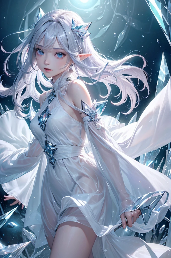 (masterpiece、Highest品質、Highest、Official Art、Beautiful and aesthetic、Long Exposure:1.2)、Smooth movement、Attractive patterns、One Girl、(Long dress with sleeves:1.3)、(((White clothes)))、Upper body close-up、Exposing shoulders、Korean Girls、smile、Light purple long hair、Portraiture、solo、Upper body、Looking at the observer、Detailed Background、Detailed face、(Crystallized AI、Crystal Theme:1.1)、Elemental Wind Elf、回転Wind、 Wind、White crystal clothes、Dynamic pose、Suspended particles、Aether Dynamics、旋Wind、vapor、背景に旋Wind、White Tone、旋Wind、Ethereal atmosphere、