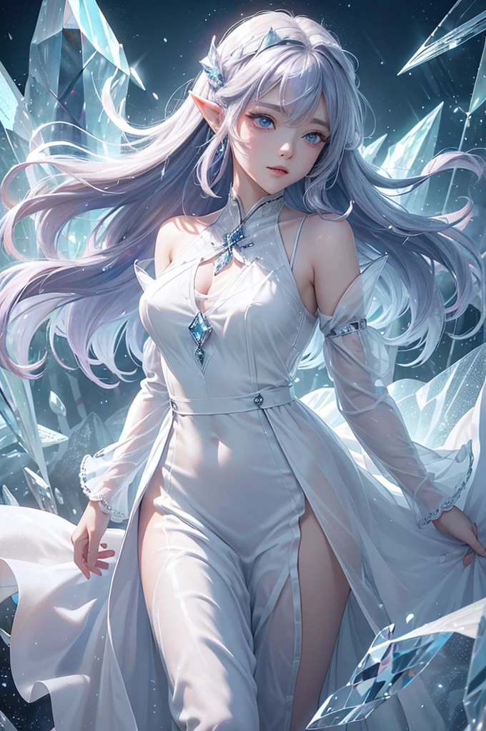 (masterpiece、Highest品質、Highest、Official Art、Beautiful and aesthetic、Long Exposure:1.2)、Smooth movement、Attractive patterns、One Girl、(Long dress with sleeves:1.3)、(((White clothes)))、Upper body close-up、Exposing shoulders、Korean Girls、smile、Light purple long hair、Portraiture、solo、Upper body、Looking at the observer、Detailed Background、Detailed face、(Crystallized AI、Crystal Theme:1.1)、Elemental Wind Elf、回転Wind、 Wind、White crystal clothes、Dynamic pose、Suspended particles、Aether Dynamics、旋Wind、vapor、背景に旋Wind、White Tone、旋Wind、Ethereal atmosphere、