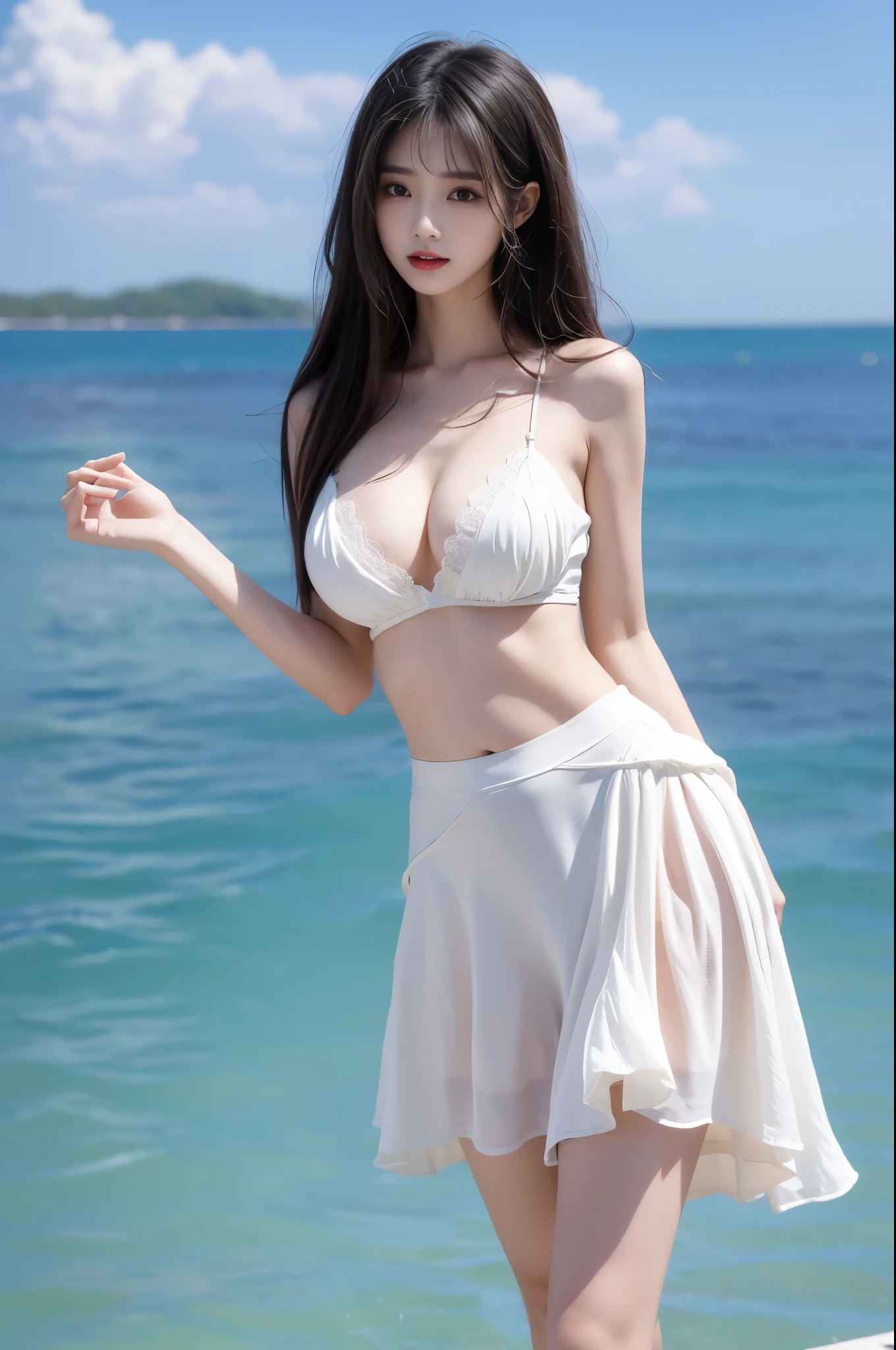 long dress,short dress, Beauty, beautiful女人，Have a perfect body：1.4，Layered Hairstyle，((Large Breasts)), ((D cup)), Visible cleavage，Bare shoulders, Highly detailed face and skin texture，Double eyelids，Skin Whitening，Long hair，Whitening long legs，Standing by the sea, Fashion Girl, Red lips, Sweet Girl, beautiful妆容, detail, lifelike, Very detailed, Astonishing, beautiful, Young and energetic, high quality，HD, Colorful，Beautifully, Smooth skin, The skirt is very short, Lifting the skirt with hands, Elegant and charming gesture, Official Art, Extremely detailed, Movie atmosphere, Soft colors, Natural skin texture,