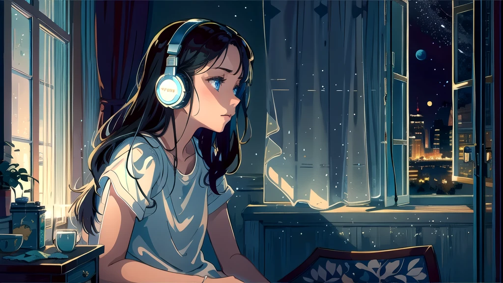 Create an illustration of a girl with dark hair and blue eyes, sitting sideways in front of the window of her room, She is wearing headphones and has a sentimental and introspective expression, Moonlight softly shines into the room, gently illuminating the space, Curtains sway in the breeze, enhancing the serene, melancholic atmosphere, Emphasizing the themes of solitude, silence, and the depths of night, the room is dark but slightly illuminated by moonlight