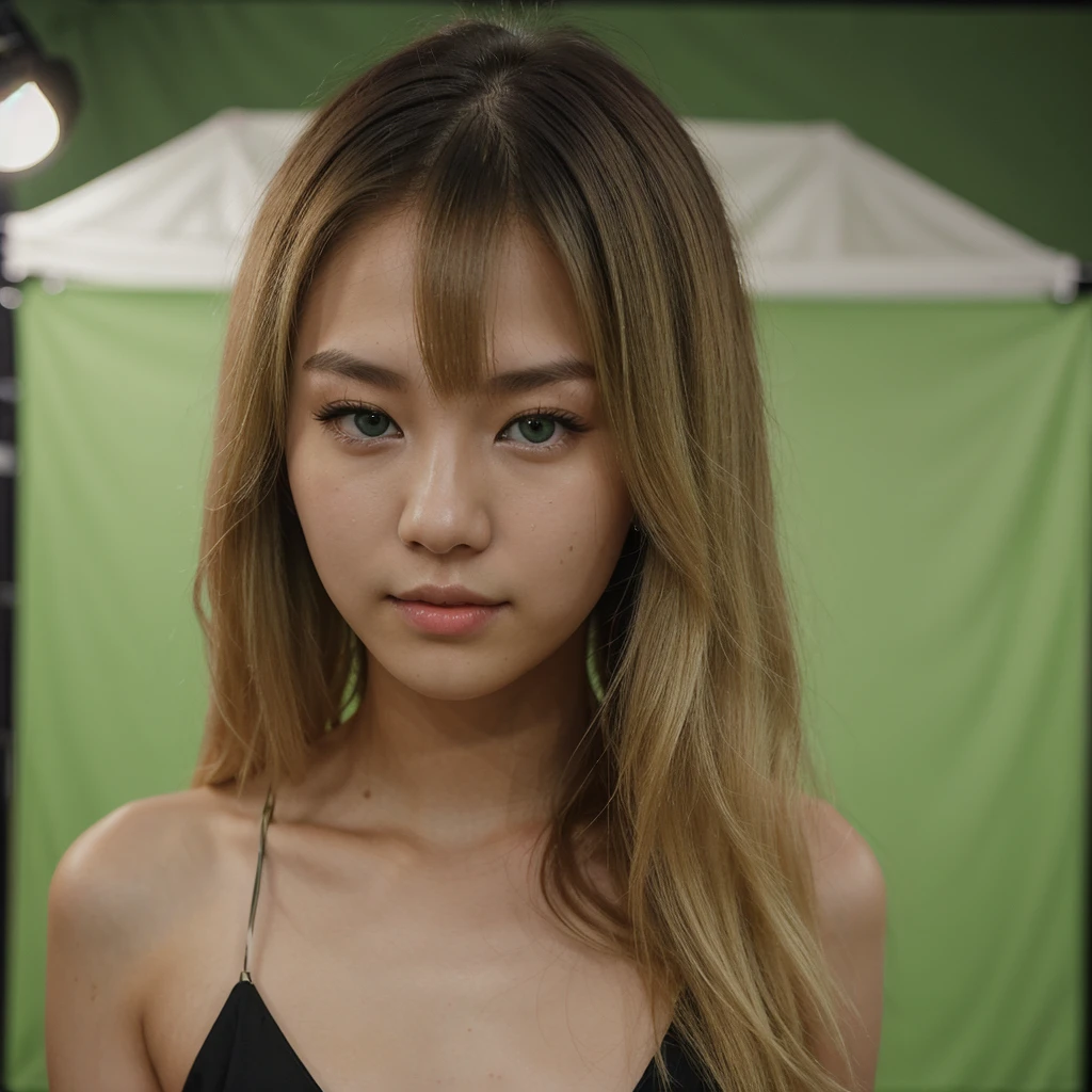 Line green screen in background. an eye contact of a blond with shoulder length hair and dark theme. Half American half chinese really cute, 18 years old, soft skin