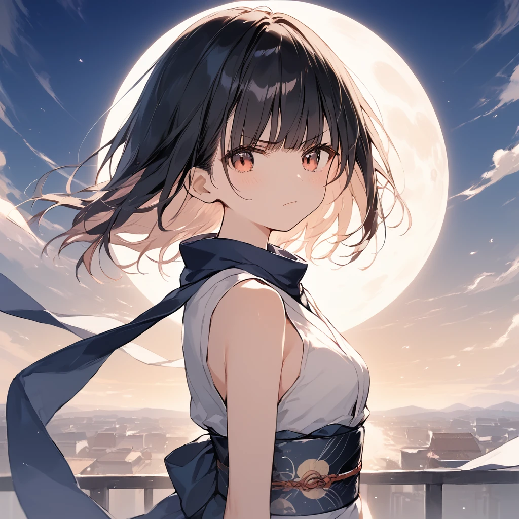 score_9, score_8_up, score_7_up, source_anime, best quality, masterpiece,ultra-detailed,official art, absurdres, highres, waifu2x, break,1girl, ninja girl, short hair, blunt bangs, small breasts, sleeveless,beautiful detailed eyes, disgust , obi, scarf, night, wind, rooftop, moon, outdoors, break,(clear line illustration:1.2),very high resolution, very aesthetic, super detailed skin, Best cinematic lighting powered by famous artist, 8k,cool picture,beauty illustration,photoshop_(medium),,(Detailed Lighting),best anime 8k konachan wallpaper, pixiv contest winner,