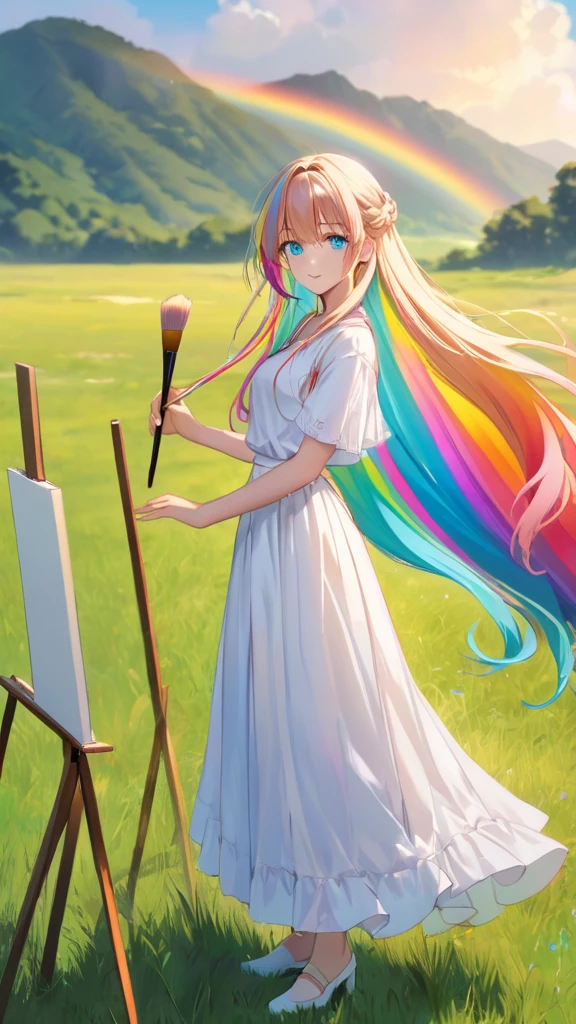 1 Female, Beautiful, Humble, Kind, long hair upper waist Stright, Aqua blue pupil eyes colour, Multi-Colours rainbows Hairs, White Drees flowing with skirt, holding small brush standing on grass front blank stand canvas, Open grassland background in the morning.