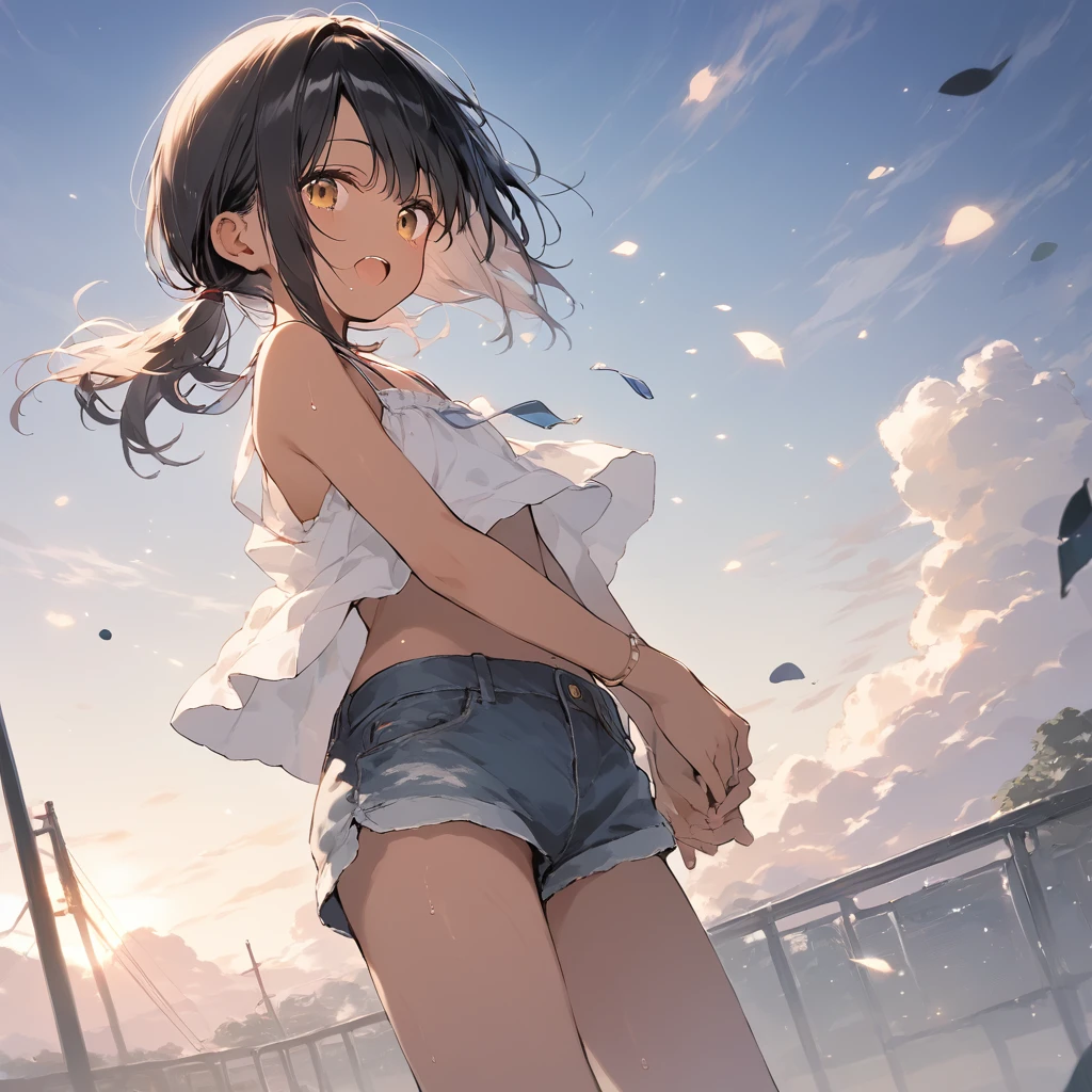 score_9, score_8_up, score_7_up, source_anime, best quality, masterpiece, official art, absurdres, highres, ultra-detailed,waifu2x,Collection: Slice of Life,break,1girl, tomboy, dark-skinned female, short hair, low ponytail, flat chest, beautiful detailed eyes, short shorts, sweat, open mouth, (yawn:0.3), sleepily, outdoors, wind, break,(clear line illustration:1.2),very high resolution, very aesthetic, super detailed skin, Best sexual lighting powered by famous artist, 8k,cute picture,beauty illustration,photoshop_(medium),,(Detailed Lighting),best anime 8k konachan wallpaper, pixiv contest winner,