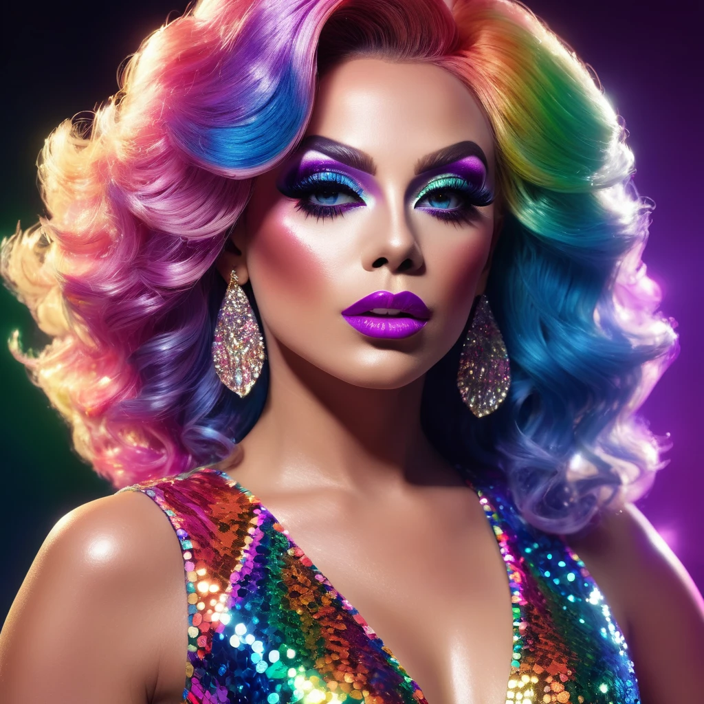Foto de Lady GaGa textura 4K, vestido de cadenas,joyas y diamantes naranja,neon,cabello extravagante, imagen en 8k, alta costura, flashes, alta calidad de imagen,vestido neon, rostro realista, varias poses corporales, cuerpo completo, imagen 8k, Sharp image,HD, gafas azules, rostro HD,fondo de galaxia, Very sharp and detailed face