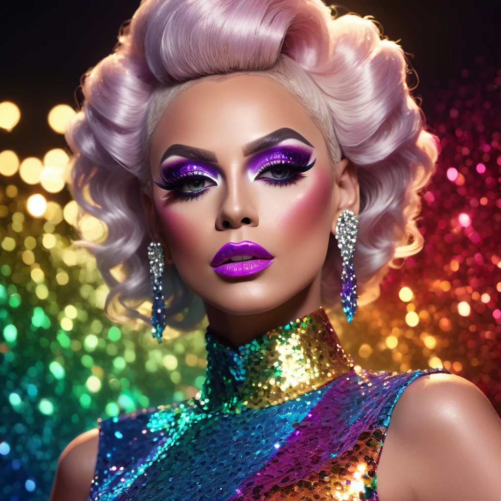 a young drag queen with beautiful colors makeup, cinematic lighting, fashion, shimmering sequin dress, powerful, confident pose, dramatic lighting, cinematic, 4k, ultra-detailed, photorealistic, hyperrealistic, vibrant colors, high-quality, masterpiece