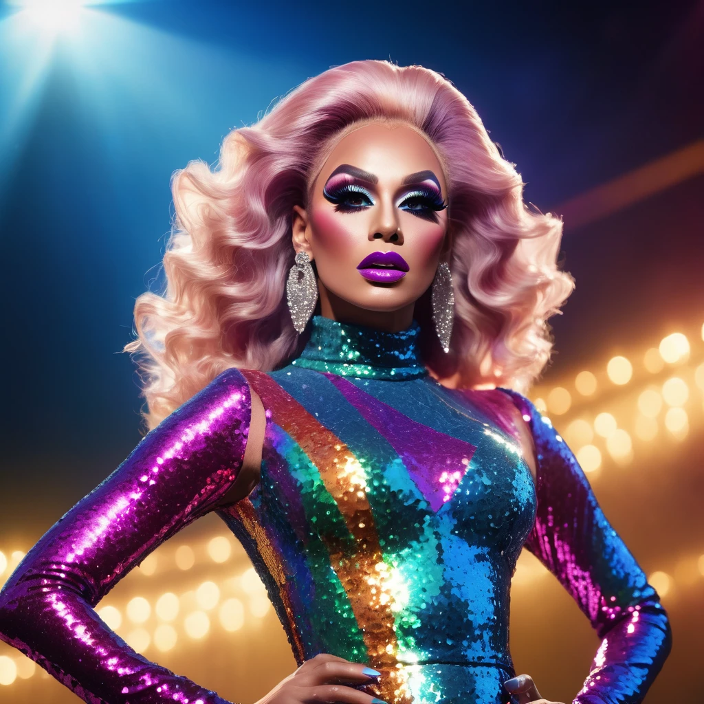 a young drag queen with beautiful colors makeup, cinematic lighting, fashion, shimmering sequin dress, powerful, confident pose, dramatic lighting, cinematic, 4k, ultra-detailed, photorealistic, hyperrealistic, vibrant colors, high-quality, masterpiece