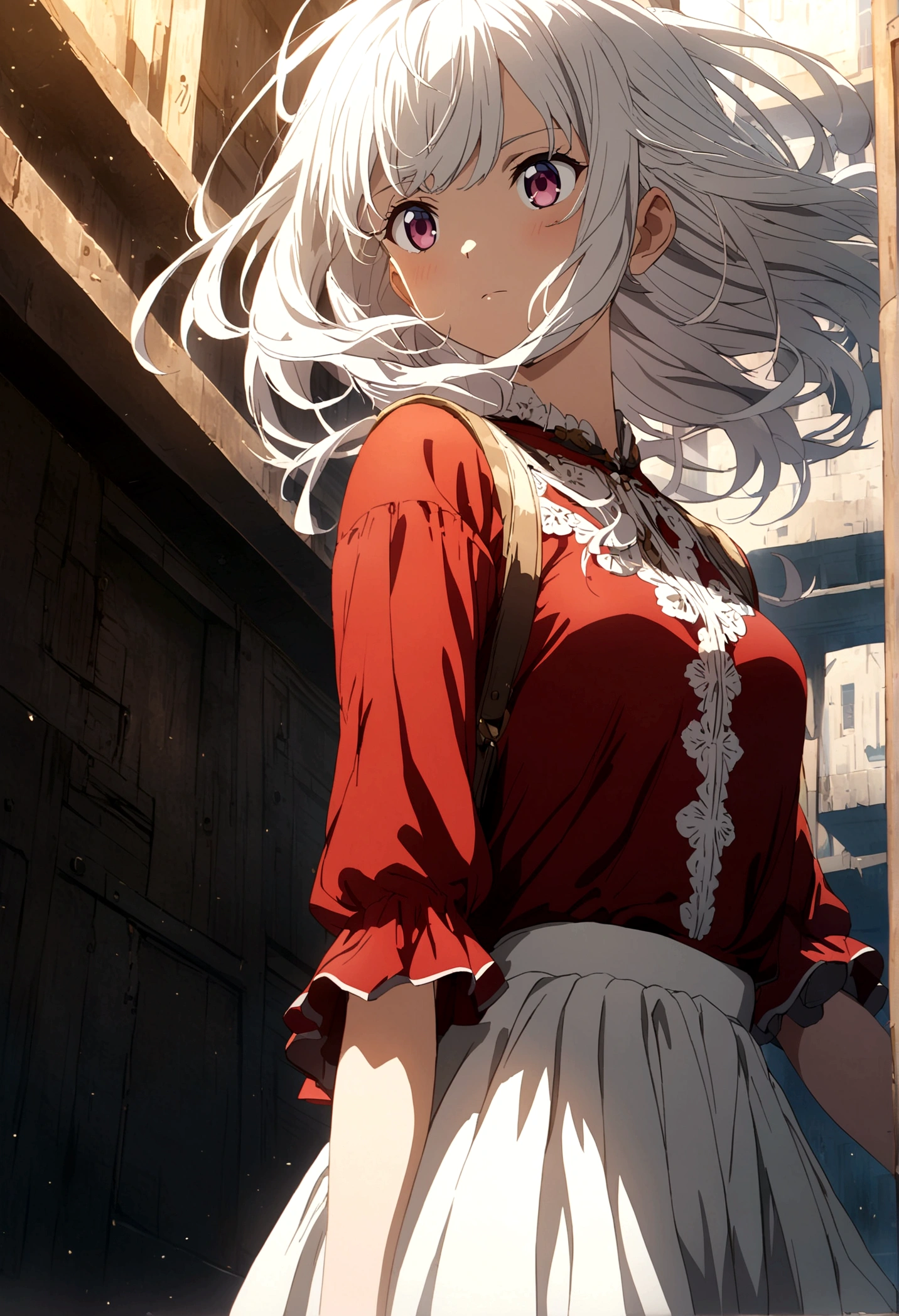 Detailed, anime, girl, white hair, white skirt, red top