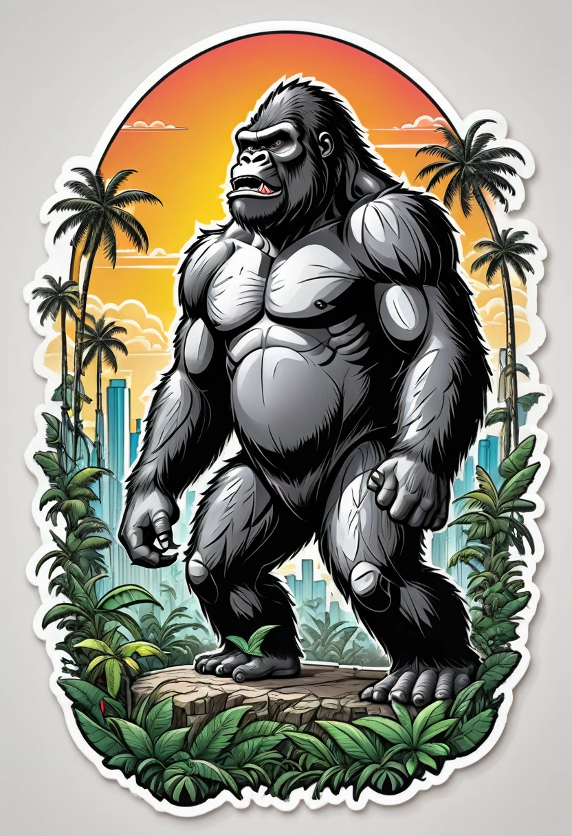 (((a sticker))), (((white background))),splash art, intricately detailed t-shirt design ready for print , 2d, ONE angry wild shouting furious  HUGE KING KONG in foreground, Jungle sunset at the background, vibe detailed design for streetwear and urban style t-shirts design, pro vector, (cel-shading style:1.3), inkpunk, (ink lines:1.1), strong outlines, bold traces, high contrast, (cel-shaded:1.1), vector, 32k resolution, best quality, flat lights,vector t-shirt art ready for print, intricate rich extremely complex ornaments illustration, extremely detailed and complex illustration, high detail, clean lines style, intricate high details, (((white plain background)))