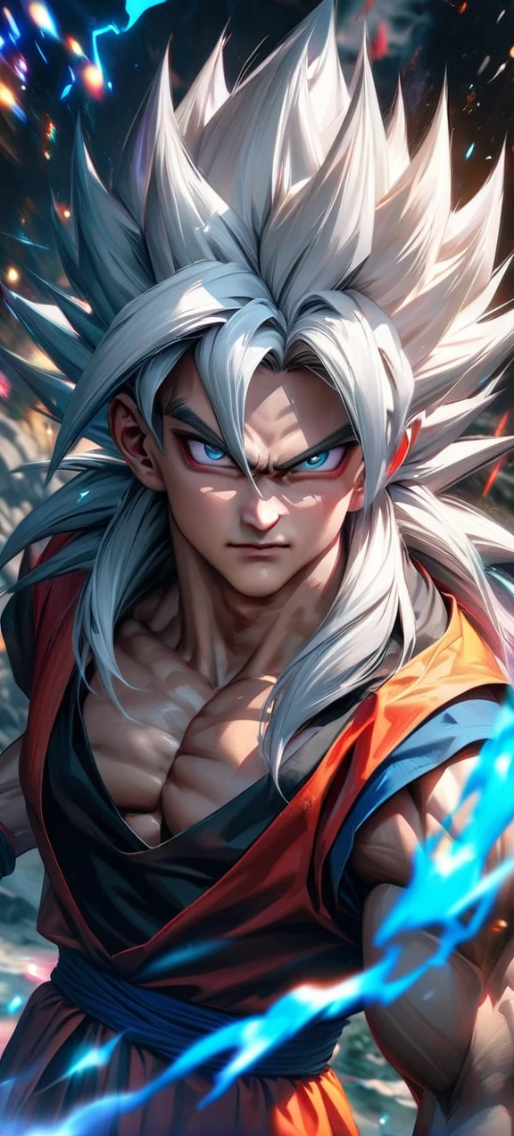 High quality, ultra realistic,absurdres, highres, ultra detailed, HDR, masterpiece, extremely detailed face and eyes,  super saiyan 5 goku , dragonball,,long white hair ,black shirt , solo, ,man, handsome, , , Epic fight scene, colorful splashing effect,colorful lightning  effect,glowing glitters , 