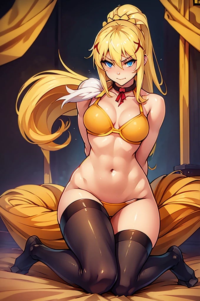 Darkness of Konosuba , Sexy blonde anime girl, with big breasts and slender body with thin waist and wide hips long legs naked showing bare pussy legs spread fine image details 12k 