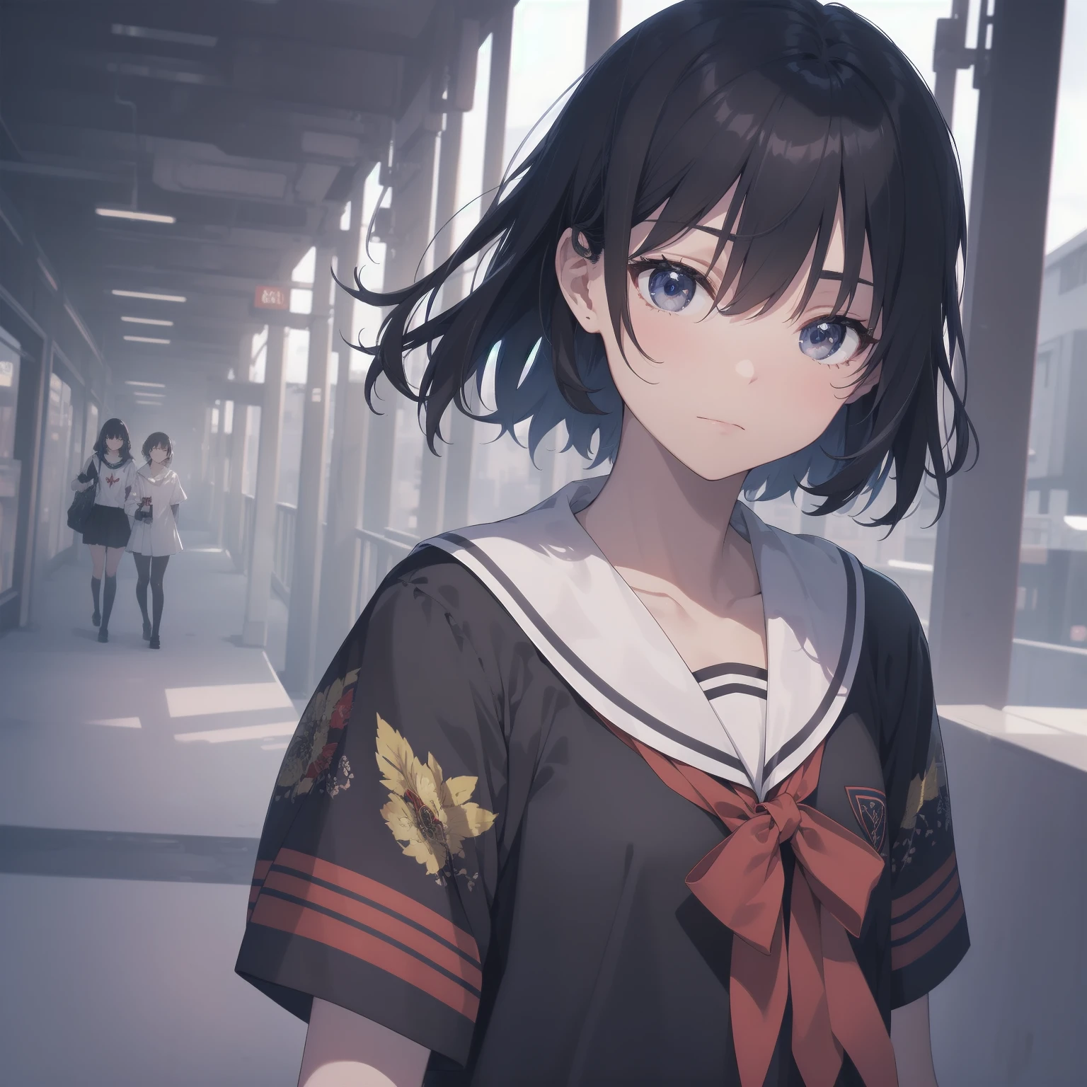 ultra-absurdres-Top quality by artist God, ultra-detailed, high resolution, anime moe artstyle, best anime 8k konachan wallpaper, pixiv contest winner, pool:2810, perfect anatomy,break, 1girl, (Please draw a girl walking sleepily to school alone. )break,(Solo,little female, 13-year-old:1.3),Full limbs, complete fingers,a junior high school student, (very short hair), short cut, flat chest, , small butt, small black eyes, beautiful detailed eyes, well-proportioned iris and pupils, expressive eyes, highres detailed hair, soft expression, salor school_uniform, sailor collar, serahuku, bow, pleated skirt,(Detailed Lighting), (Detailed background), in the School commute route. break,super detailed skin, Best cinematic lighting powered by famous artist, 8k,beauty illustration,photoshop_(medium),very aesthetic,break,((artist:takafumi )), artist:clamp ,artist:carnelian ,artist:kantoku ,
