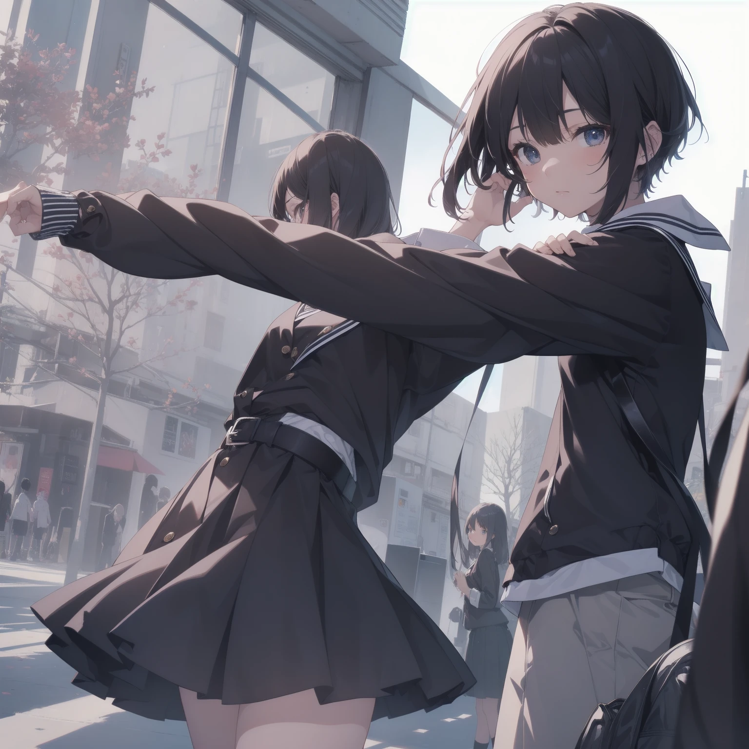 ultra-absurdres-Top quality by artist God, ultra-detailed, high resolution, anime moe artstyle, best anime 8k konachan wallpaper, pixiv contest winner, pool:2810, perfect anatomy,break, 1girl, (Please draw a girl walking sleepily to school alone. )break,(Solo,little female, 13-year-old:1.3),Full limbs, complete fingers,a junior high school student, (very short hair), short cut, flat chest, , small butt, small black eyes, beautiful detailed eyes, well-proportioned iris and pupils, expressive eyes, highres detailed hair, soft expression, salor school_uniform, sailor collar, serahuku, bow, pleated skirt,(Detailed Lighting), (Detailed background), in the School commute route. break,super detailed skin, Best cinematic lighting powered by famous artist, 8k,beauty illustration,photoshop_(medium),very aesthetic,break,((artist:takafumi )), artist:clamp ,artist:carnelian ,artist:kantoku ,