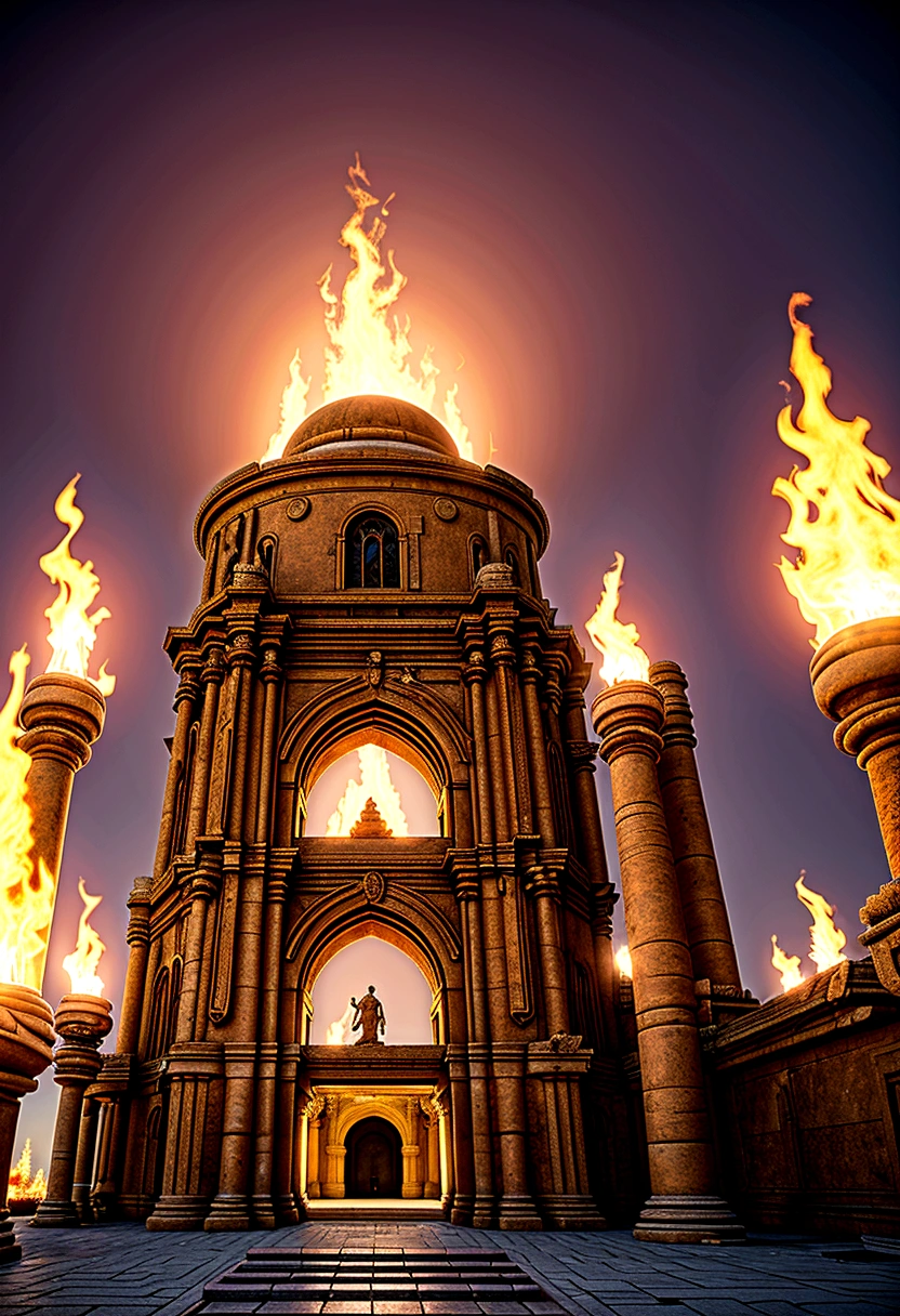 Draw an underground chamber with RPG style. The chamber is vast and filled with piles of gold and jewels. At the center, there is a ten-tiered pedestal with a flame on each tier. The pedestal is 5 meters high and 3 meters wide. The chamber is lit by torches on the walls and the flames on the pedestal, casting a warm glow over the treasures. Near the entrance, there is a large humanoid statue made of metal, standing about 3 meters tall. At the statue's feet, there is an inscription on a stone: 'The true wealth is not kept for oneself, but shared with integrity.' In the highest pile of treasure, a bright red stone emits a seductive aura. The chamber has an ancient, mystical atmosphere.