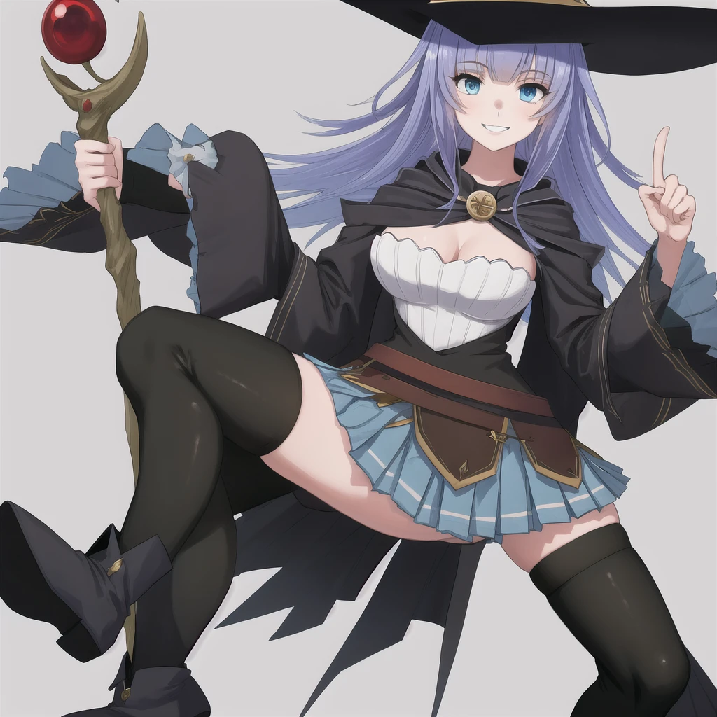 masterpiece, best quality, highres, 1girl, witch hat cape blue skirt black thighhighs boots detached sleeves wide sleeves smile, finger frame 