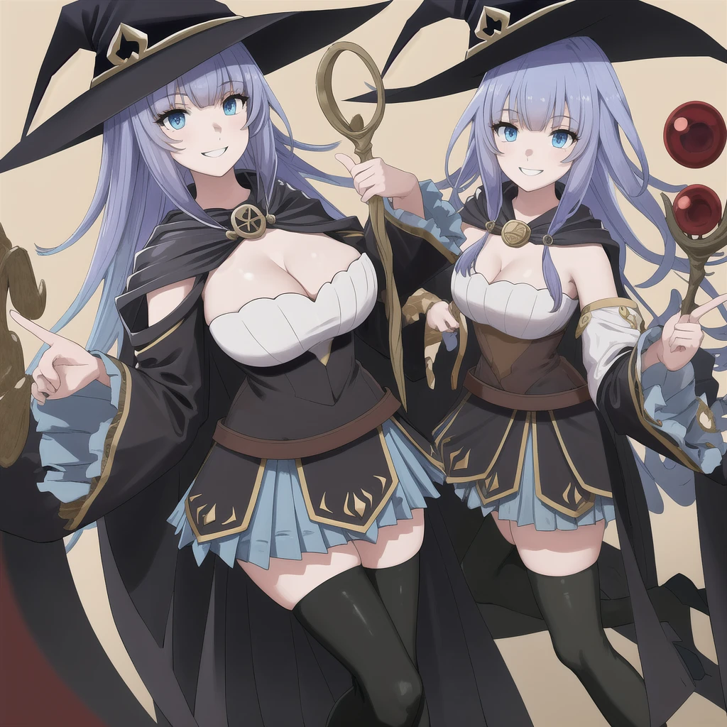 masterpiece, best quality, highres, 1girl, witch hat cape blue skirt black thighhighs boots detached sleeves wide sleeves smile, finger frame 