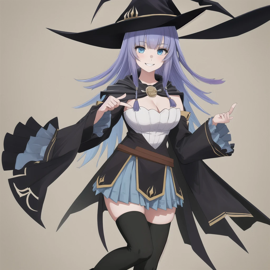 masterpiece, best quality, highres, 1girl, witch hat cape blue skirt black thighhighs boots detached sleeves wide sleeves smile, finger frame 