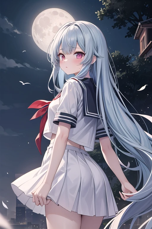 1girlsolo, face towards the sky, looking back, 1 girl, very long hair, pale blue hair, colored inner hair, absurdly long hair, cold expression, heterochromic, serafuku, array stars, absurdres, highres,