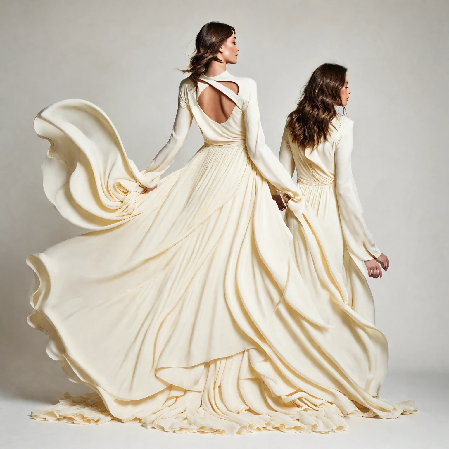  a woman in a flowing cream dress. The dress features a high neck and long sleeves, with a large cutout on the back, and the fabric cascades down into a dramatic, floor-length train. The garment is crafted with waves and layers of fabric, creating a sense of movement and depth.

