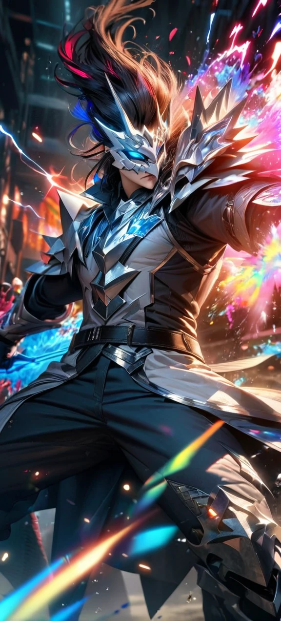 High quality, ultra realistic,absurdres, highres, ultra detailed, HDR, masterpiece, extremely detailed face and eyes,  white dragon knight, dragon knight mask,,colorful Black hair , , solo, ,man, handsome, , , Epic fight scene, colorful splashing effect,colorful lightning  effect,glowing glitters , 