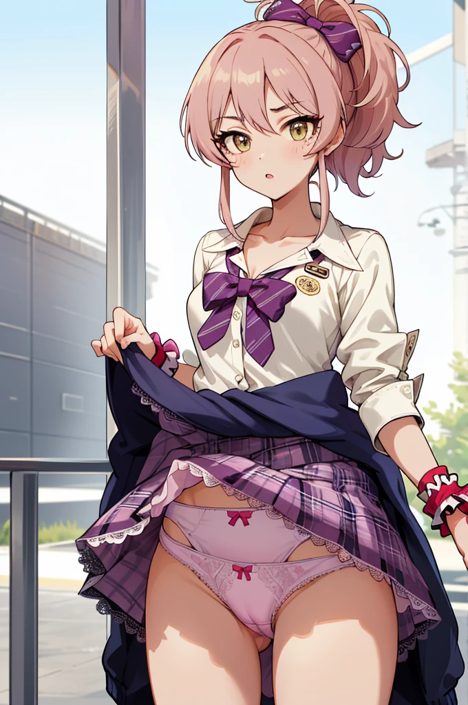 masterpiece, best quality, highres, aamika, ponytail, hair bow, collarbone, ,, bowtie, collared shirt, white shirt, sleeves rolled up, wrist scrunchie,, clothes around waist, plaid skirt, purple skirt, standing, cowboy shot, outdoors,(((lift skirt,lace ,gyaru)))